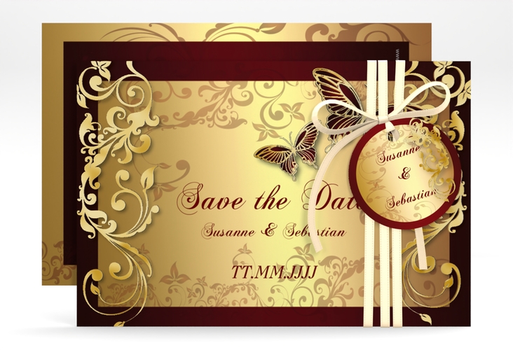 Save the Date-Karte Hochzeit Toulouse A6 Karte quer rot gold romantisch mit Schmetterlingen