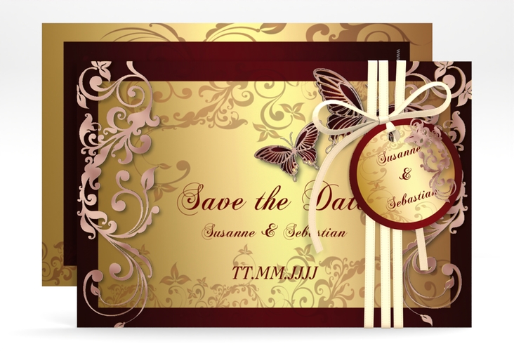 Save the Date-Karte Hochzeit Toulouse A6 Karte quer rot rosegold romantisch mit Schmetterlingen