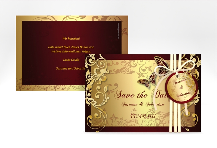 Save the Date-Karte Hochzeit Toulouse A6 Karte quer rot gold romantisch mit Schmetterlingen