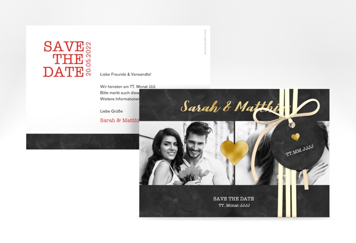 Save the Date-Karte Sparkly A6 Karte quer rot gold