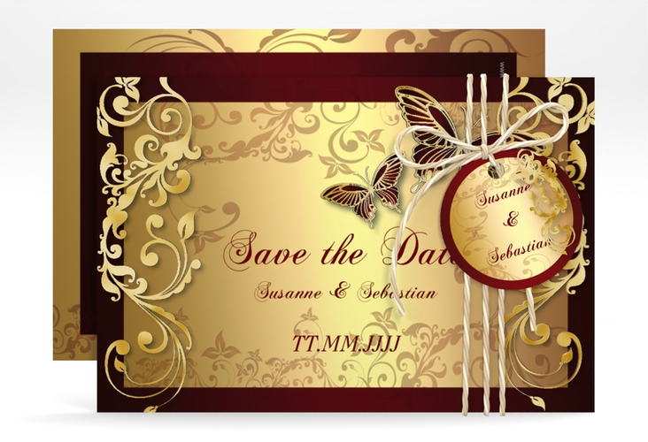 Save the Date-Karte Hochzeit Toulouse A6 Karte quer rot gold romantisch mit Schmetterlingen