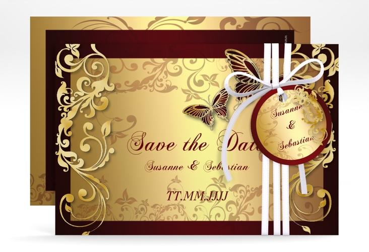 Save the Date-Karte Hochzeit Toulouse A6 Karte quer rot gold romantisch mit Schmetterlingen