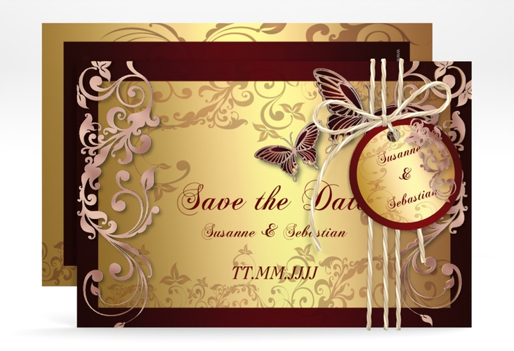 Save the Date-Karte Hochzeit Toulouse A6 Karte quer rot rosegold romantisch mit Schmetterlingen