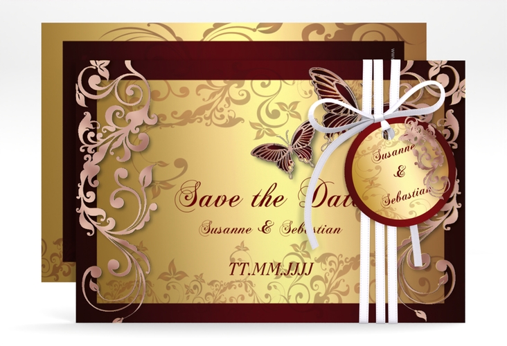 Save the Date-Karte Hochzeit Toulouse A6 Karte quer rot rosegold romantisch mit Schmetterlingen