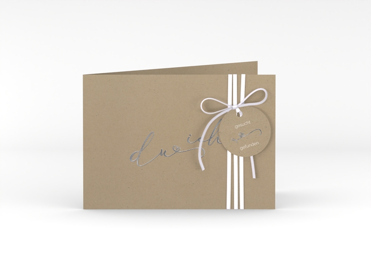 Hochzeitseinladung Zweisamkeit A6 Klappkarte quer Kraftpapier silber im minimalistischen Stil mit Aufschrift du & ich