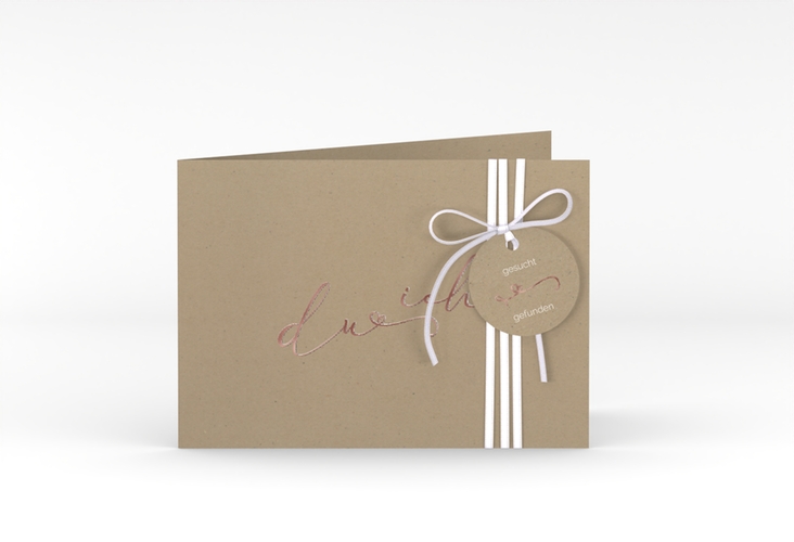 Hochzeitseinladung Zweisamkeit A6 Klappkarte quer Kraftpapier rosegold im minimalistischen Stil mit Aufschrift du & ich