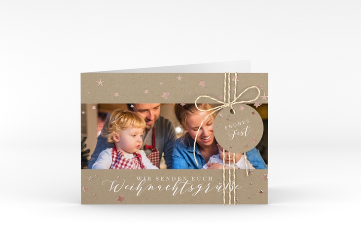 Weihnachtskarte Sternennacht A6 Klappkarte quer Kraftpapier rosegold mit Sternchen und Familienfoto