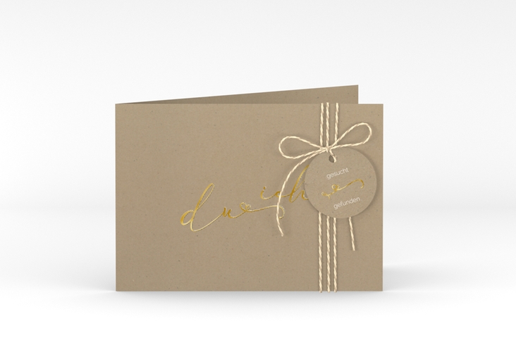 Hochzeitseinladung Zweisamkeit A6 Klappkarte quer Kraftpapier gold im minimalistischen Stil mit Aufschrift du & ich