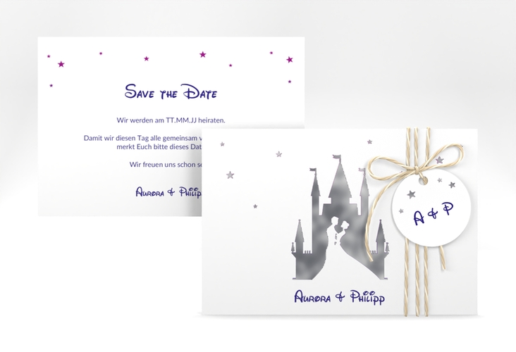 Save the Date-Karte Castle A6 Karte quer lila silber