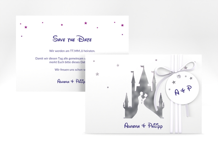Save the Date-Karte Castle A6 Karte quer lila silber