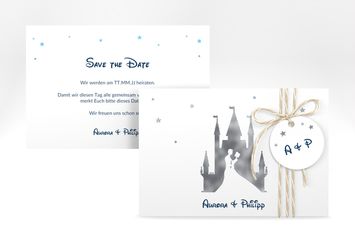 Save the Date-Karte Castle A6 Karte quer blau silber