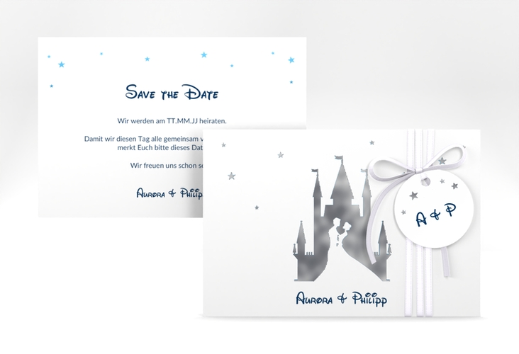 Save the Date-Karte Castle A6 Karte quer blau silber