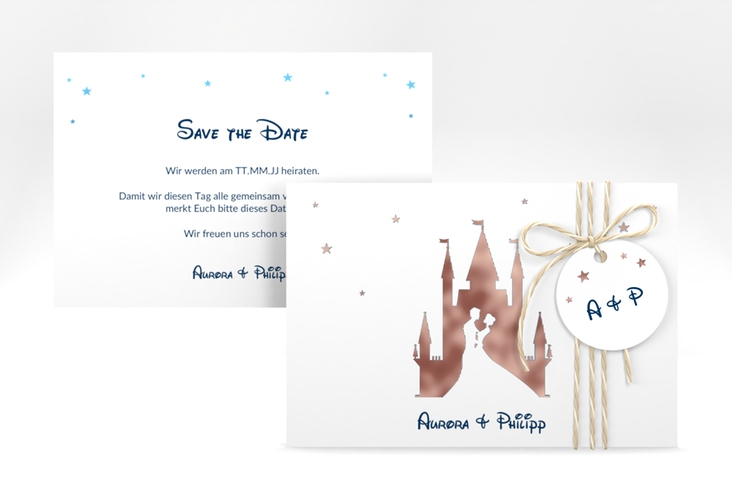 Save the Date-Karte Castle A6 Karte quer blau rosegold