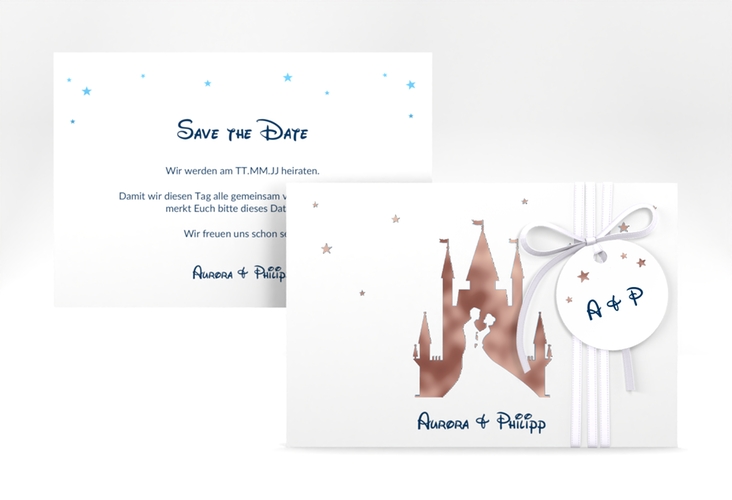 Save the Date-Karte Castle A6 Karte quer blau rosegold