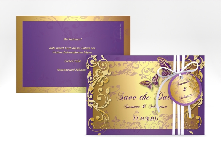 Save the Date-Karte Hochzeit Toulouse A6 Karte quer lila gold romantisch mit Schmetterlingen