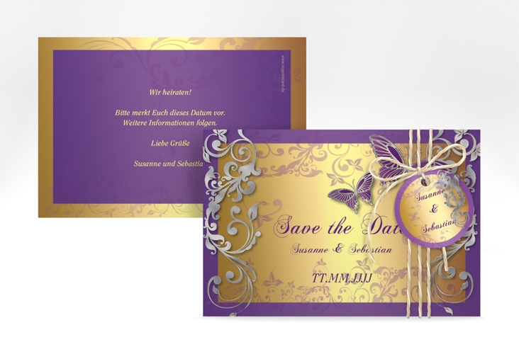 Save the Date-Karte Hochzeit Toulouse A6 Karte quer lila silber romantisch mit Schmetterlingen