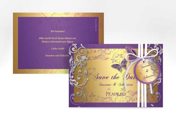 Save the Date-Karte Hochzeit Toulouse A6 Karte quer lila silber romantisch mit Schmetterlingen