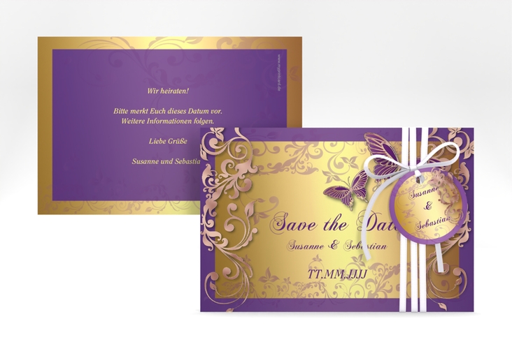 Save the Date-Karte Hochzeit Toulouse A6 Karte quer lila rosegold romantisch mit Schmetterlingen