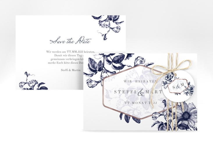 Save the Date-Karte Magnificent A6 Karte quer blau rosegold