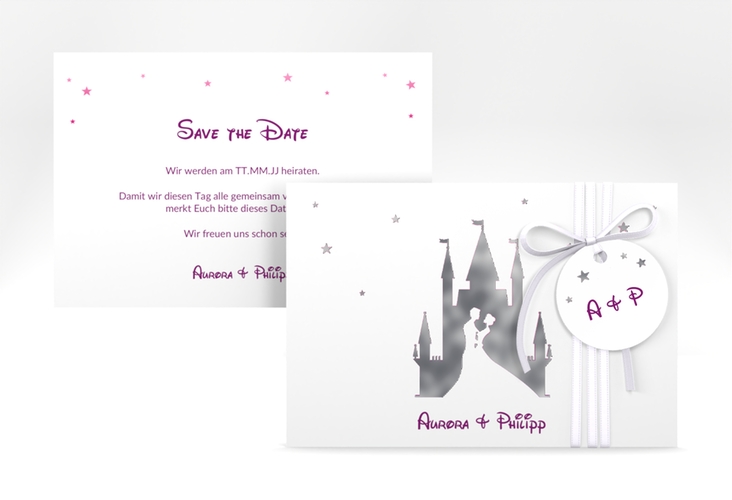 Save the Date-Karte Castle A6 Karte quer pink silber