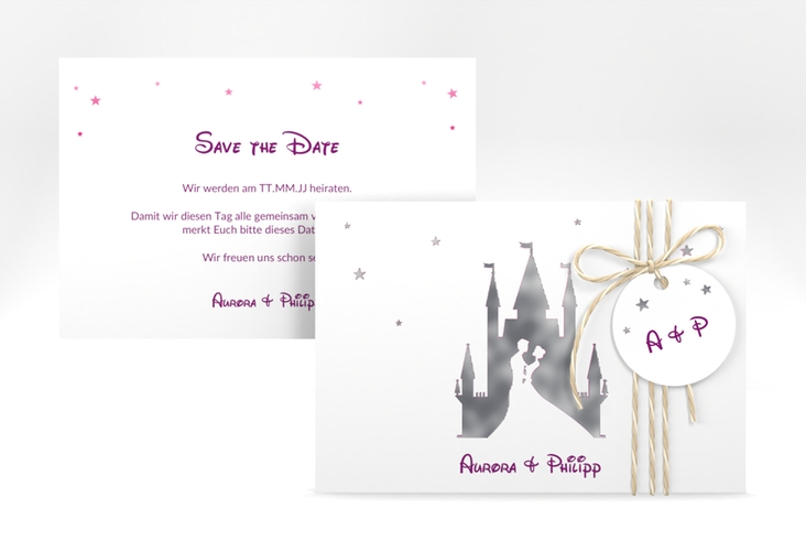 Save the Date-Karte Castle A6 Karte quer pink silber