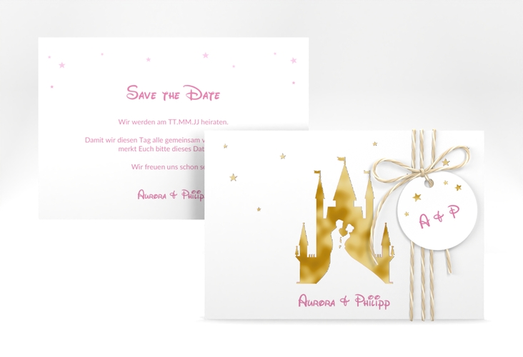 Save the Date-Karte Castle A6 Karte quer rosa gold