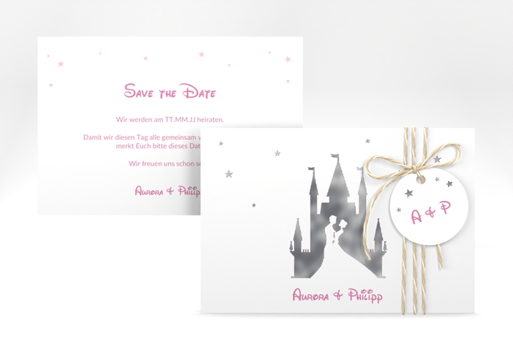 Save the Date-Karte Castle A6 Karte quer rosa silber