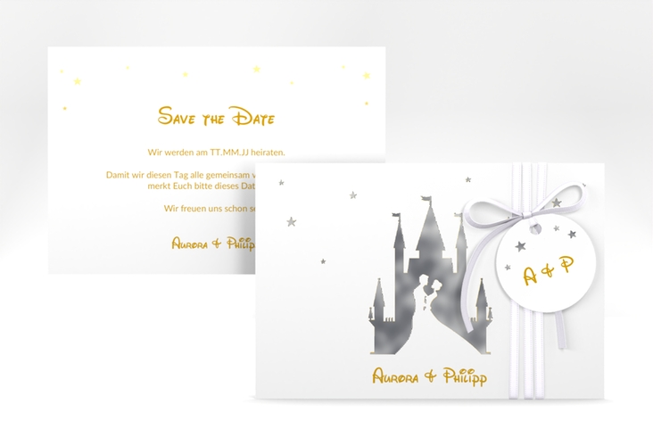 Save the Date-Karte Castle A6 Karte quer gold silber