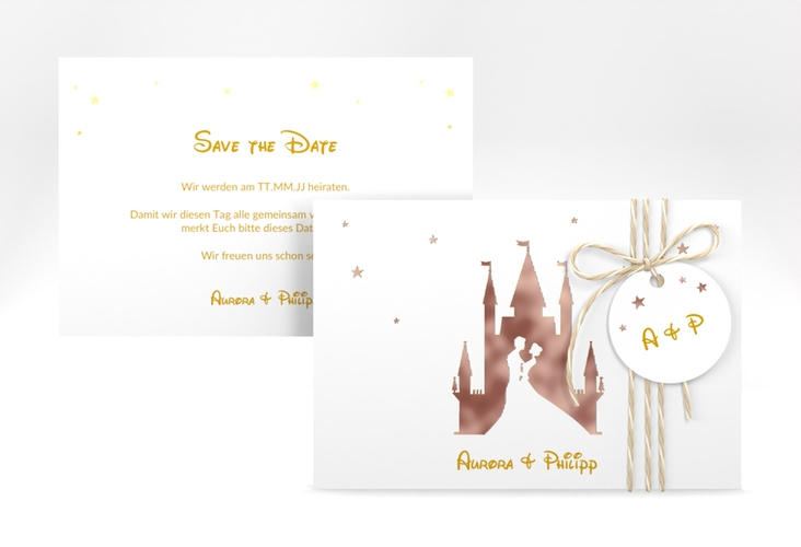 Save the Date-Karte Castle A6 Karte quer gold rosegold