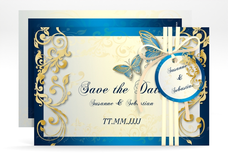 Save the Date-Karte Hochzeit Toulouse A6 Karte quer blau gold romantisch mit Schmetterlingen
