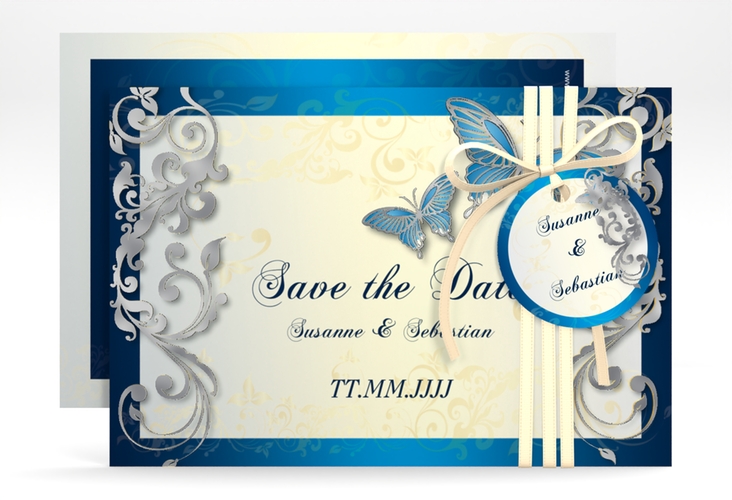 Save the Date-Karte Hochzeit Toulouse A6 Karte quer blau silber romantisch mit Schmetterlingen