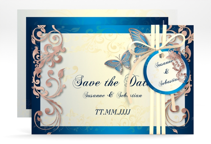 Save the Date-Karte Hochzeit Toulouse A6 Karte quer blau rosegold romantisch mit Schmetterlingen