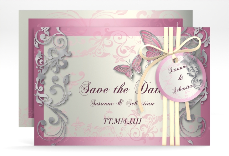Save the Date-Karte Hochzeit Toulouse A6 Karte quer rosa silber romantisch mit Schmetterlingen