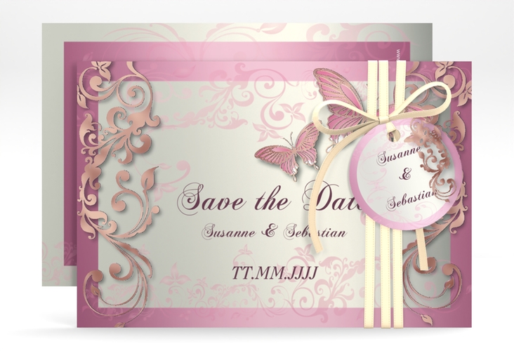 Save the Date-Karte Hochzeit Toulouse A6 Karte quer rosa rosegold romantisch mit Schmetterlingen