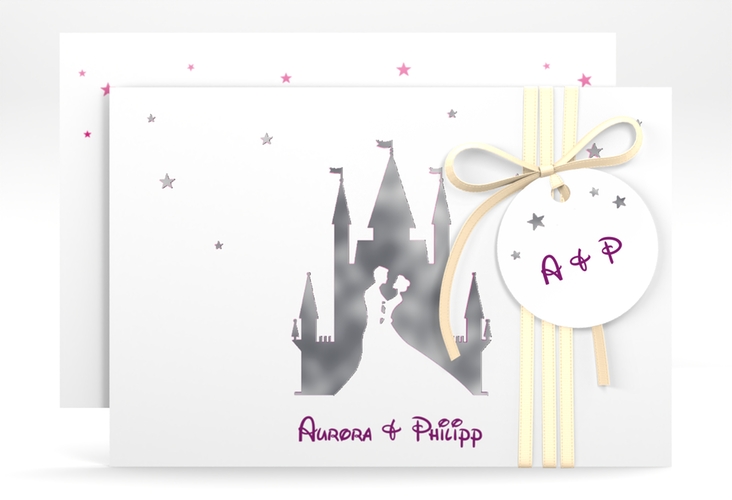Save the Date-Karte Castle A6 Karte quer pink silber
