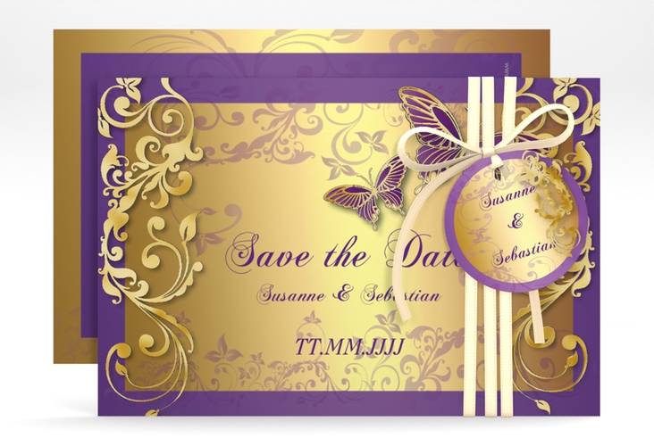Save the Date-Karte Hochzeit Toulouse A6 Karte quer lila gold romantisch mit Schmetterlingen