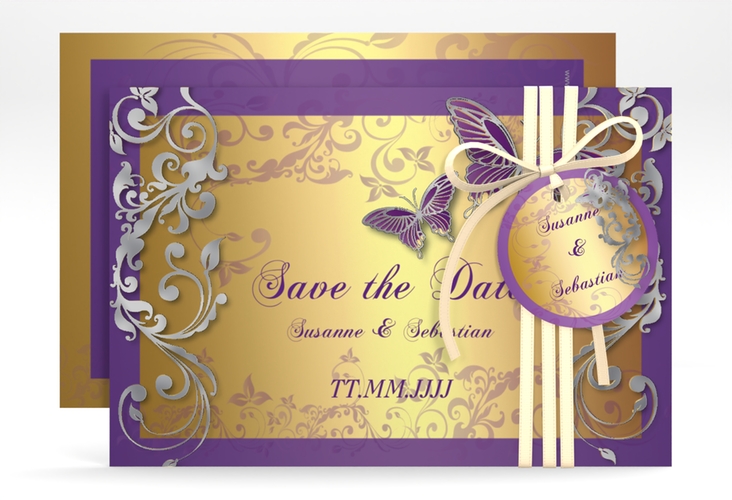 Save the Date-Karte Hochzeit Toulouse A6 Karte quer lila silber romantisch mit Schmetterlingen