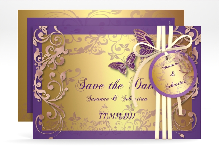 Save the Date-Karte Hochzeit Toulouse A6 Karte quer lila rosegold romantisch mit Schmetterlingen