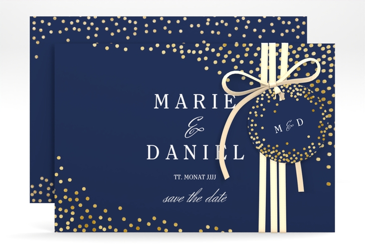 Save the Date-Karte Glitter A6 Karte quer blau gold