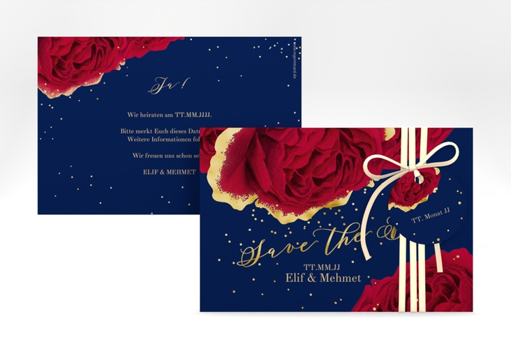 Save the Date-Karte Cherie A6 Karte quer blau gold