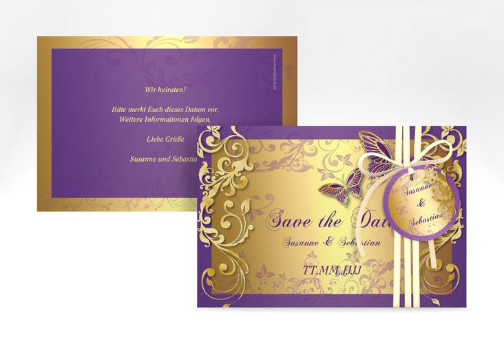 Save the Date-Karte Hochzeit Toulouse A6 Karte quer lila gold romantisch mit Schmetterlingen