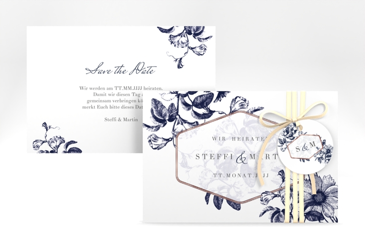 Save the Date-Karte Magnificent A6 Karte quer blau rosegold