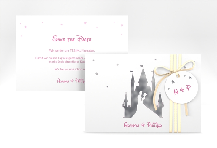 Save the Date-Karte Castle A6 Karte quer rosa silber