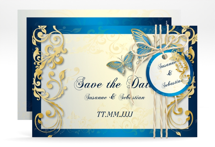 Save the Date-Karte Hochzeit Toulouse A6 Karte quer blau gold romantisch mit Schmetterlingen