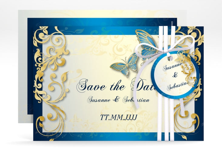 Save the Date-Karte Hochzeit Toulouse A6 Karte quer blau gold romantisch mit Schmetterlingen