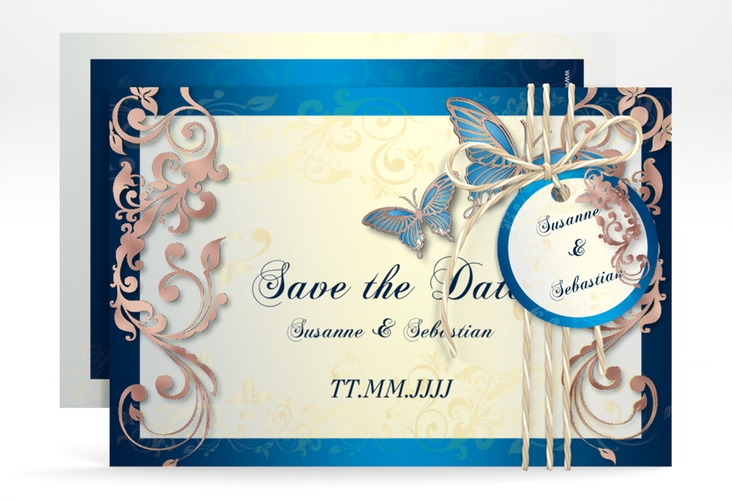 Save the Date-Karte Hochzeit Toulouse A6 Karte quer blau rosegold romantisch mit Schmetterlingen
