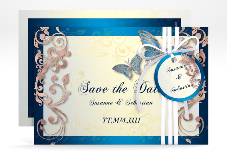 Save the Date-Karte Hochzeit Toulouse A6 Karte quer blau rosegold romantisch mit Schmetterlingen