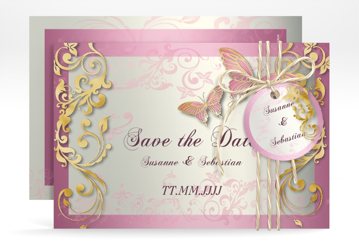 Save the Date-Karte Hochzeit Toulouse A6 Karte quer rosa gold romantisch mit Schmetterlingen