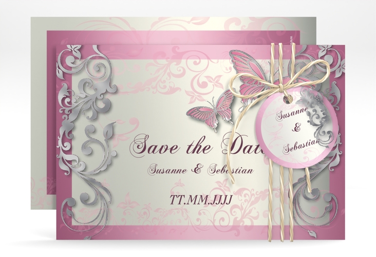 Save the Date-Karte Hochzeit Toulouse A6 Karte quer rosa silber romantisch mit Schmetterlingen