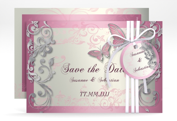Save the Date-Karte Hochzeit Toulouse A6 Karte quer rosa silber romantisch mit Schmetterlingen